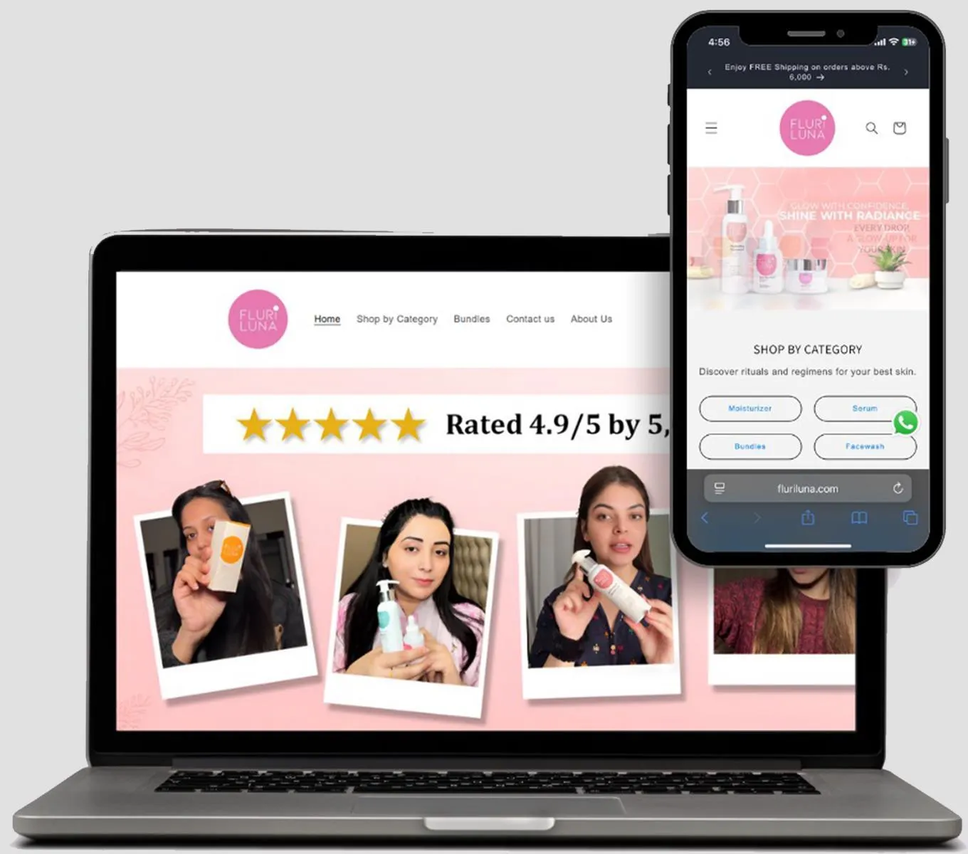 Fluriluna skincare online store on a laptop and phone